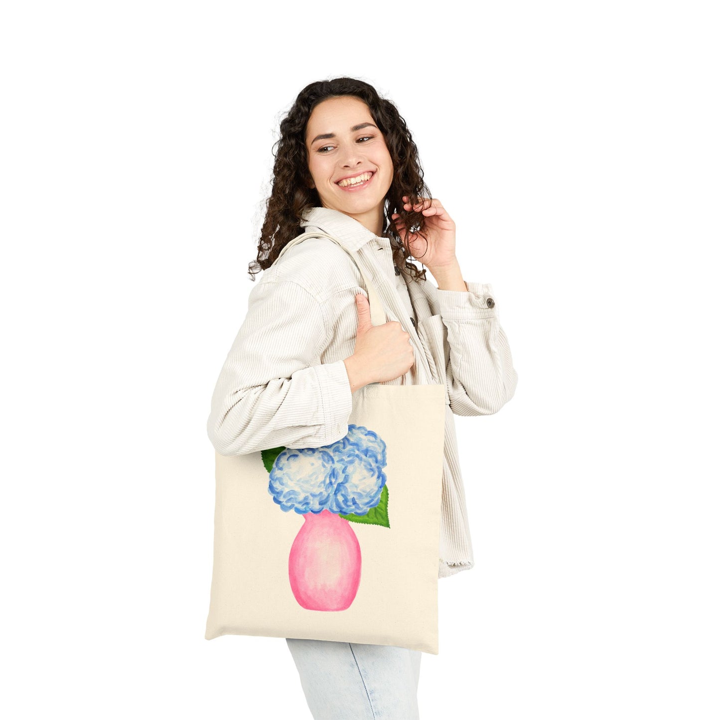 Canvas Book Tote | Blue Hydrangeas in a Light Pink Vase Watercolor Printed Farmers Market Tote | Cocktail Bachelorette Gift Hostess