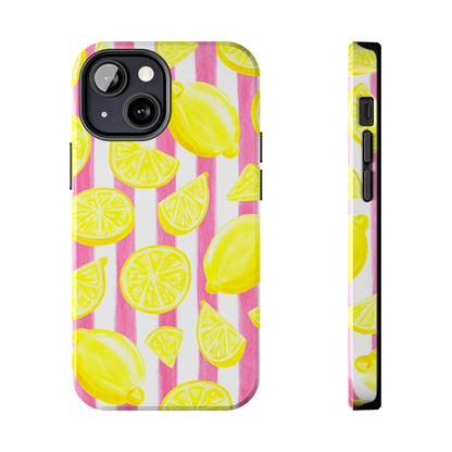 Pink Lemonade Yellow Lemons with Pink & White Watercolor Stripes Tough Phone Case