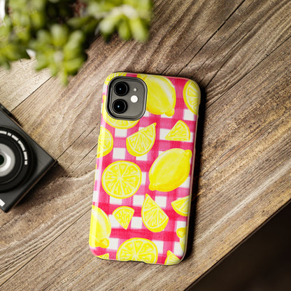 Yellow Lemons & Hot Pink Gingham Watercolor Illustrated Tough Phone Case | Various Models Available