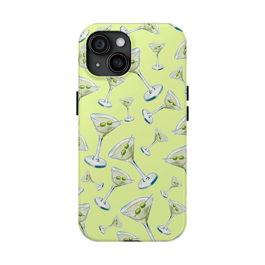Watercolor Blue and Green Martinis Tossed Illustrated Pattern Yellow Tough Phone Case | Various Models iPhone 15
