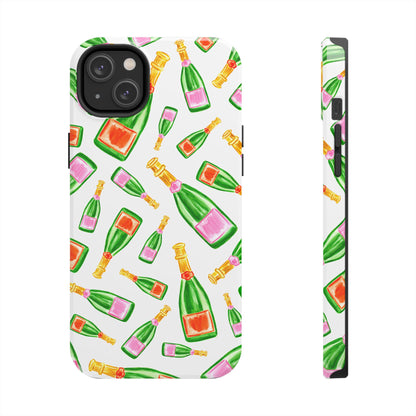 Tossed Pink and Green & Orange and Green Watercolor Illustrated Champagne Bottles Pattern Tough Phone Case | Various Models