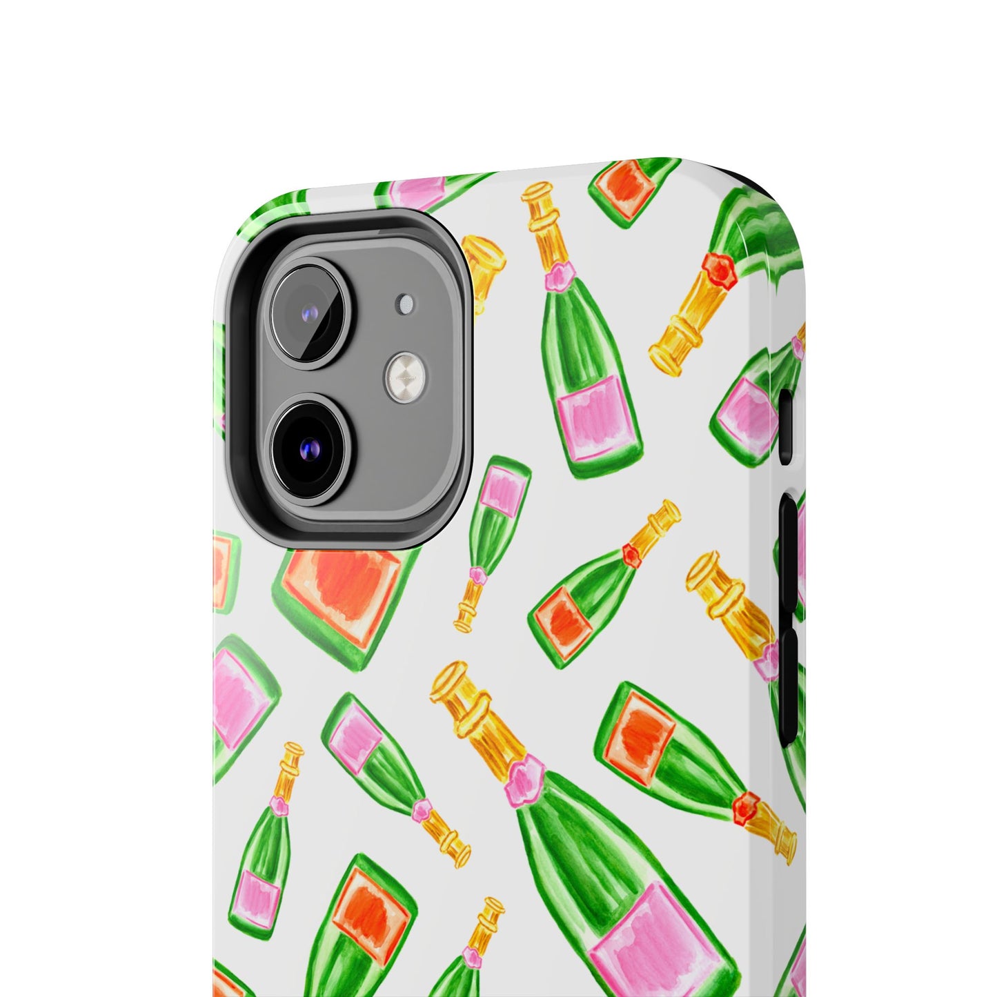 Tossed Pink and Green & Orange and Green Watercolor Illustrated Champagne Bottles Pattern Tough Phone Case | Various Models