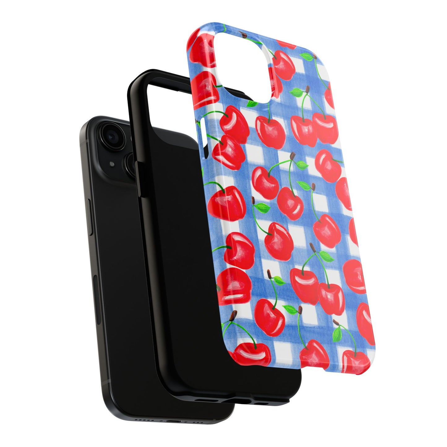 Tossed Red Cherries Blue Gingham Checkered Watercolor Illustrated Tough Phone Case | Various Models