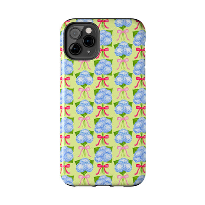 Watercolor Blue Hydrangea Bouquets with Hot Pink and Light Pink Bow Ribbons Illustrated Pattern Yellow Tough Phone Case | Various Models
