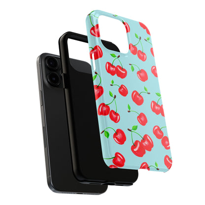 Tossed Red Watercolor Cherries Illustrated Pattern Bright Blue Tough Phone Case | Various Models