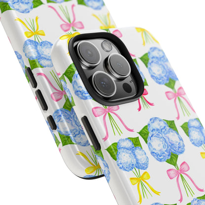 Blue Hydrangeas with Hot Pink, Yellow, Light Pink Bows Watercolor Illustrated Patterned Tough Phone Case | Various Models