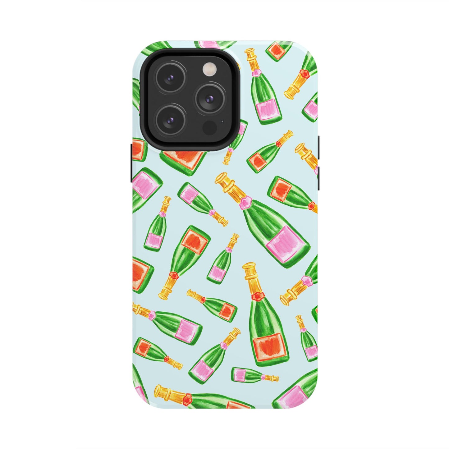 Tossed Pink and Green & Orange and Green Watercolor Illustrated Champagne Bottles Pattern Light Blue Tough Phone Case | Various Models