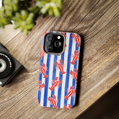 Blue & White Strip Red Lobster Watercolor Patterned Phone Case | Various Models