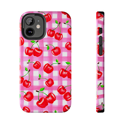 Tossed Red Watercolor Cherries Illustrated Pattern Light Pink Gingham Tough Phone Case | Various Models
