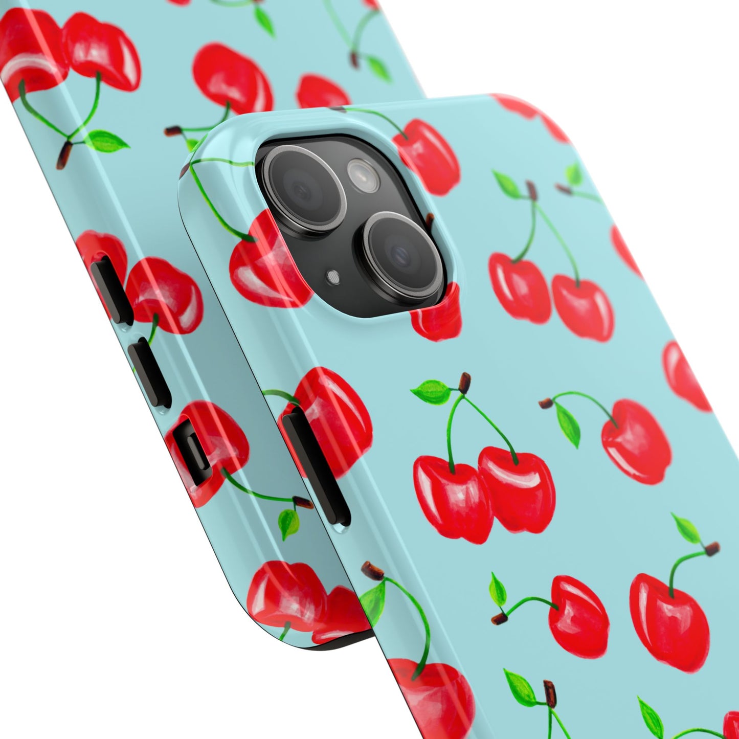 Tossed Red Watercolor Cherries Illustrated Pattern Bright Blue Tough Phone Case | Various Models