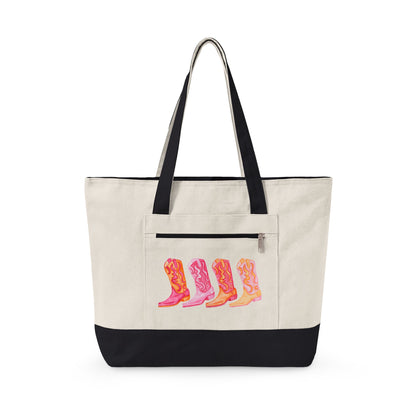 Row of Hot Pink & Orange Cowboy Boots Watercolor Printed Zippered Canvas Tote 18" x 14" | Various Colors