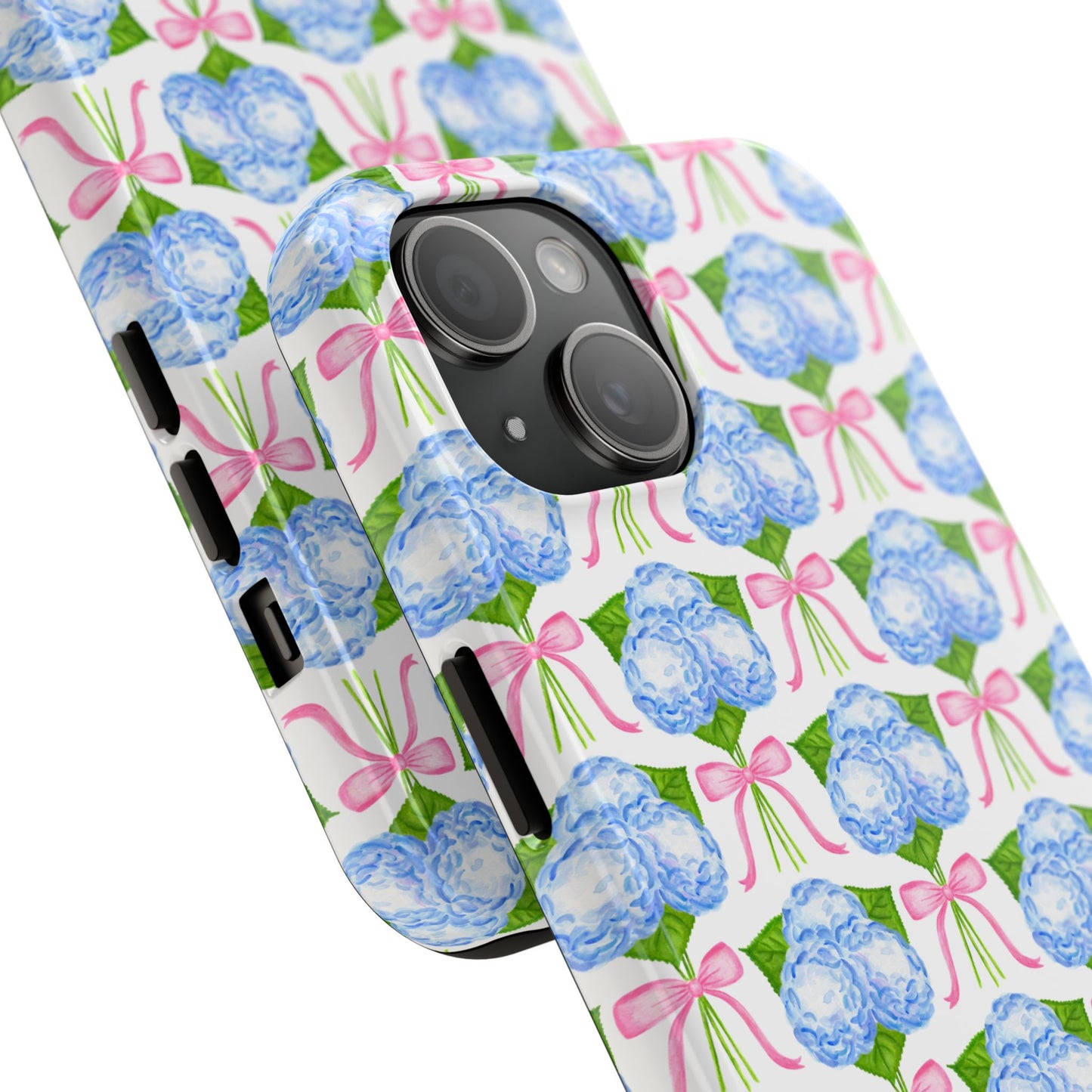 Blue Watercolor Hydrangea Bouqets with Light Pink Bows Watercolor Illustrated Patterned Tough Phone Case | Various Models