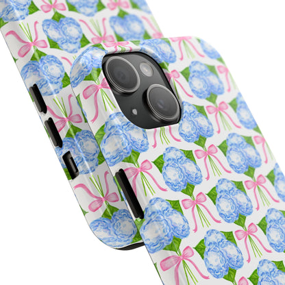 Blue Watercolor Hydrangea Bouqets with Light Pink Bows Watercolor Illustrated Patterned Tough Phone Case | Various Models