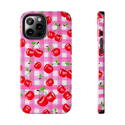 Tossed Red Watercolor Cherries Illustrated Pattern Light Pink Gingham Tough Phone Case | Various Models