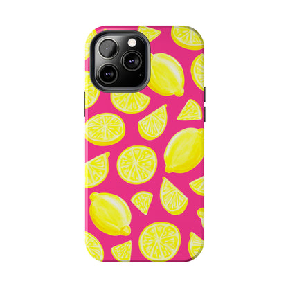 Bright Yellow Lemons Watercolor Illustrated Tossed Pattern Watermelon Pink Tough Phone Case | Various Models