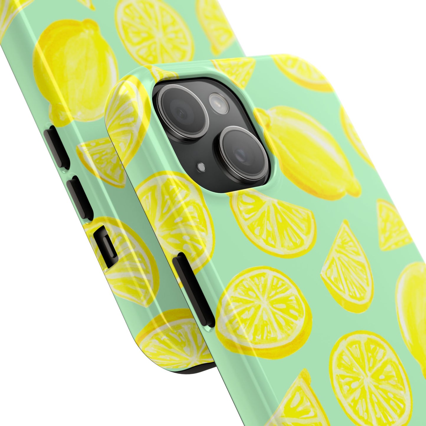 Bright Yellow Lemons Watercolor Illustrated Tossed Pattern Mint Green Tough Phone Case | Various Models