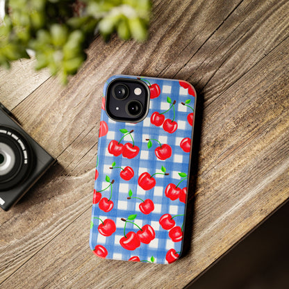 Tossed Red Watercolor Illustrated Cherries Light Blue Gingham Tough Phone Case | Various Models