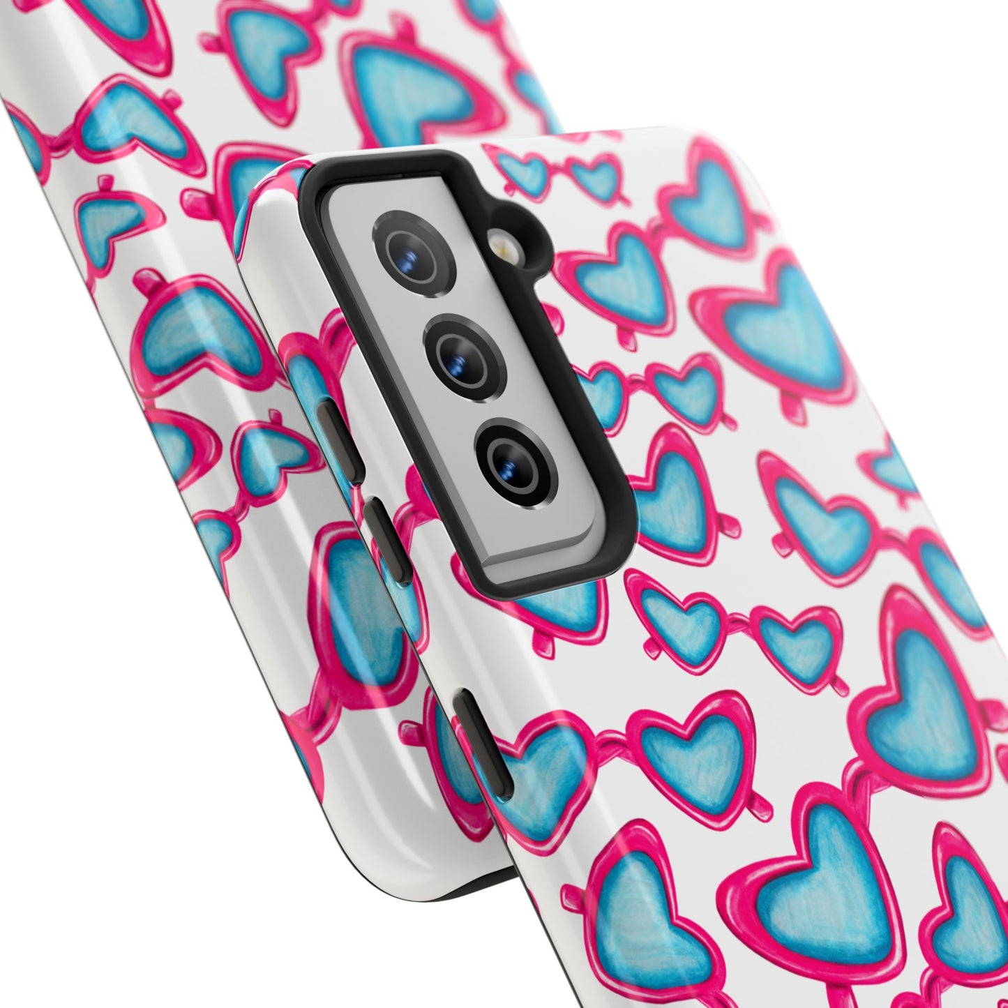 Pink & Blue Heart Shaped Sunglasses Watercolor Illustrated Tossed Pattern Tough Case | Various Models