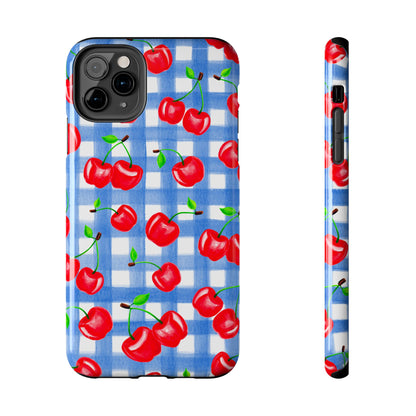 Tossed Red Watercolor Illustrated Cherries Light Blue Gingham Tough Phone Case | Various Models