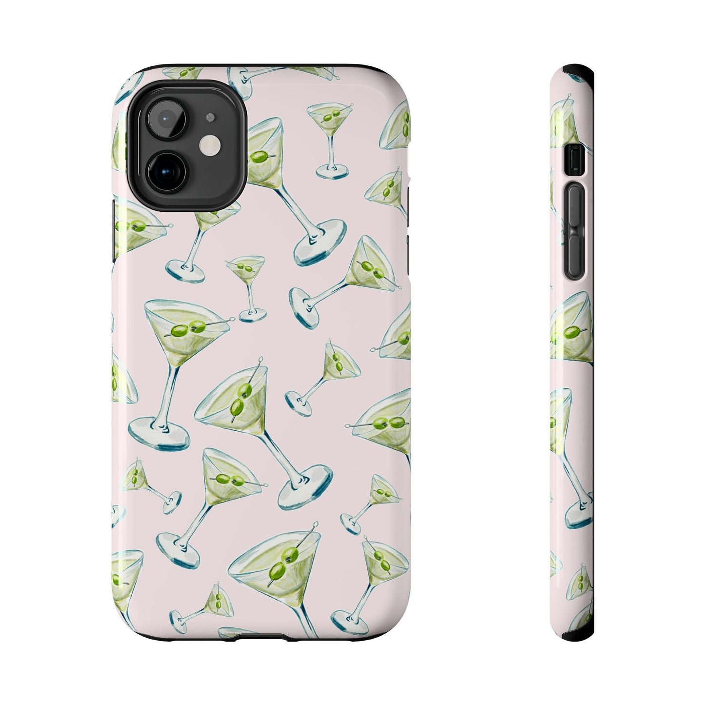 Watercolor Blue and Green Martinis Tossed Illustrated Pattern Blush Pink Tough Phone Case | Various Models