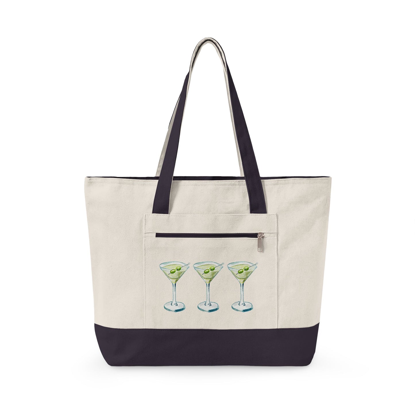 Blue & Green Martini Watercolor Trio Printed Zippered Canvas Tote 18" x 14" | Various Colors 18" x 14" x 4.5" Natural Navy