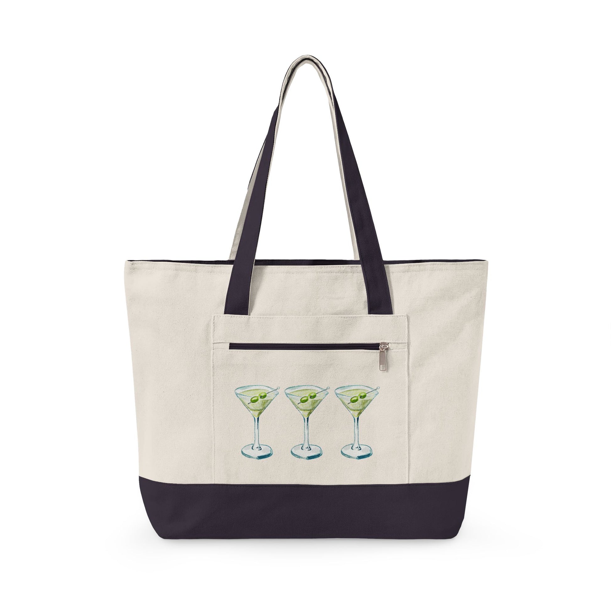 Blue & Green Martini Watercolor Trio Printed Zippered Canvas Tote 18" x 14" | Various Colors 18" x 14" x 4.5" Natural Navy