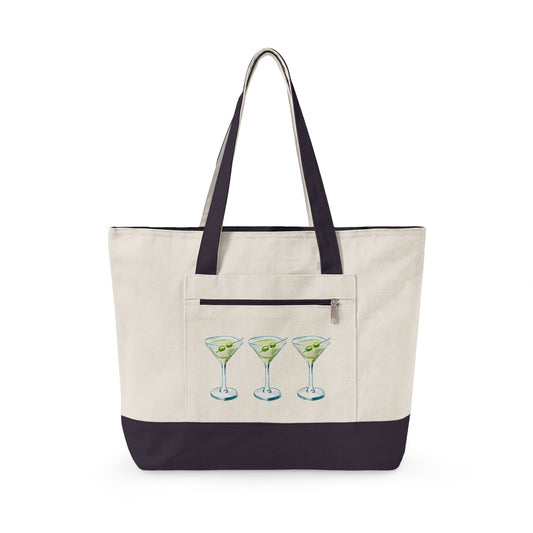 Blue & Green Martini Watercolor Trio Printed Zippered Canvas Tote 18" x 14" | Various Colors 18" x 14" x 4.5" Natural Navy