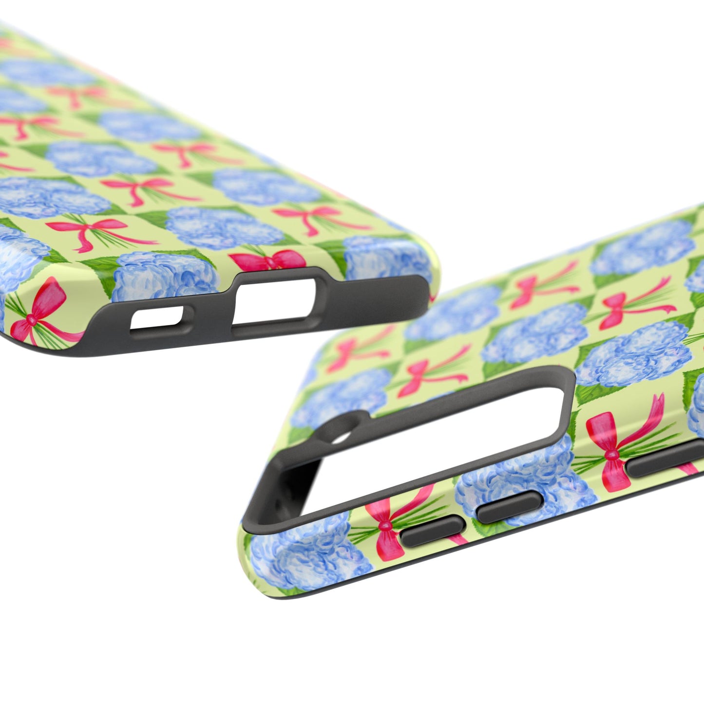 Blue Watercolor Hydrangea Bouquets with Hot Pink Bows Illustrated Patterned Yellow Preppy Grand Millenial Tough Phone Case | Various Models