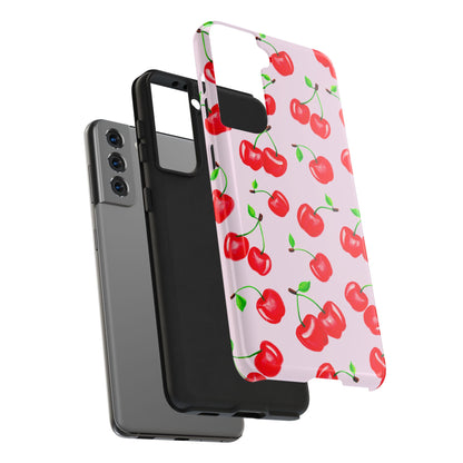 Tossed Red Watercolor Cherries Illustrated Pattern Light Pink Tough Phone Case | Various Models