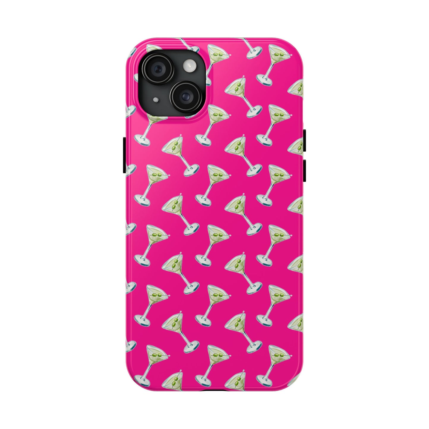 Hot Pink Mini Martini Watercolor Illustrated Tossed Pattern Tough Phone Case | Various Models Available iPhone 15 Plus