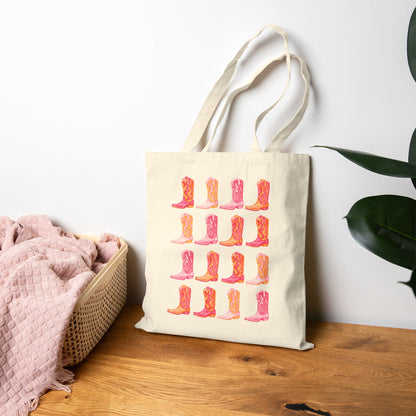 Canvas Tote | Rows of Hot Pink and Orange Cowboy Boot Watercolor Illustrated Farmers Market Tote | Western Preppy Gift | Coastal Cowgirl