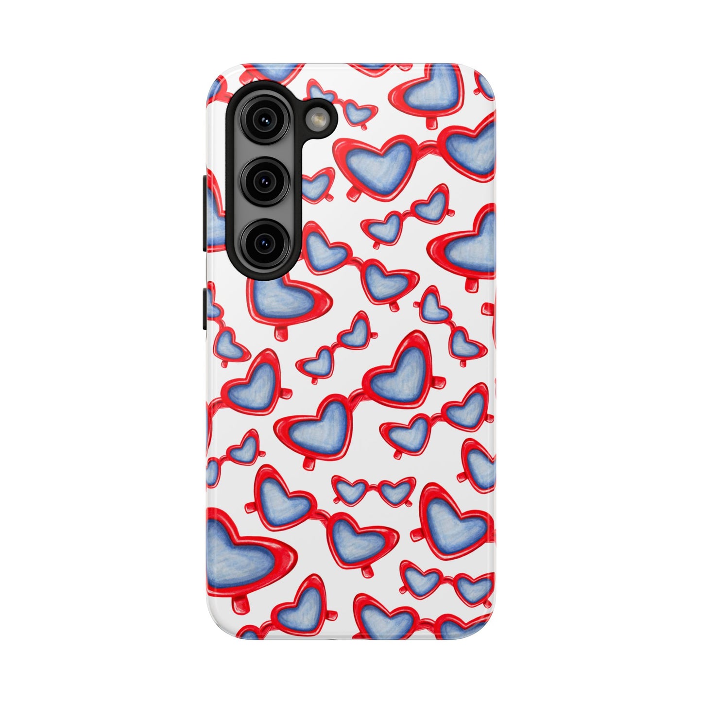 Red, White, & Blue Heart Shaped Watercolor Sunglasses Tossed Pattern Tough Phone Cases Samsung Galaxy S23
