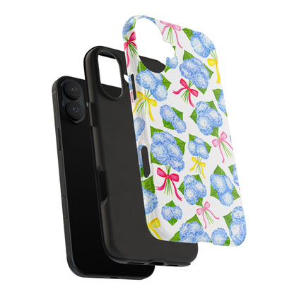 Blue Watercolor Hydrangea Bunches with Hot Pink, Yellow, Light Pink Bows Illustrated Patterned Tough Phone Case | Various Models