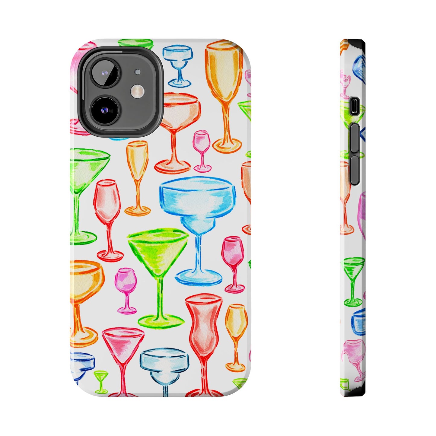 Monochromatic Margarita, Wine, Martini, and Champagne Flute Cocktail Glasses Watercolor Illustrated Tough Phone Case | Various Models Available