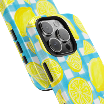 Yellow Lemons & Turquoise Gingham Watercolor Illustrated Tough Phone Case | Various Models Available