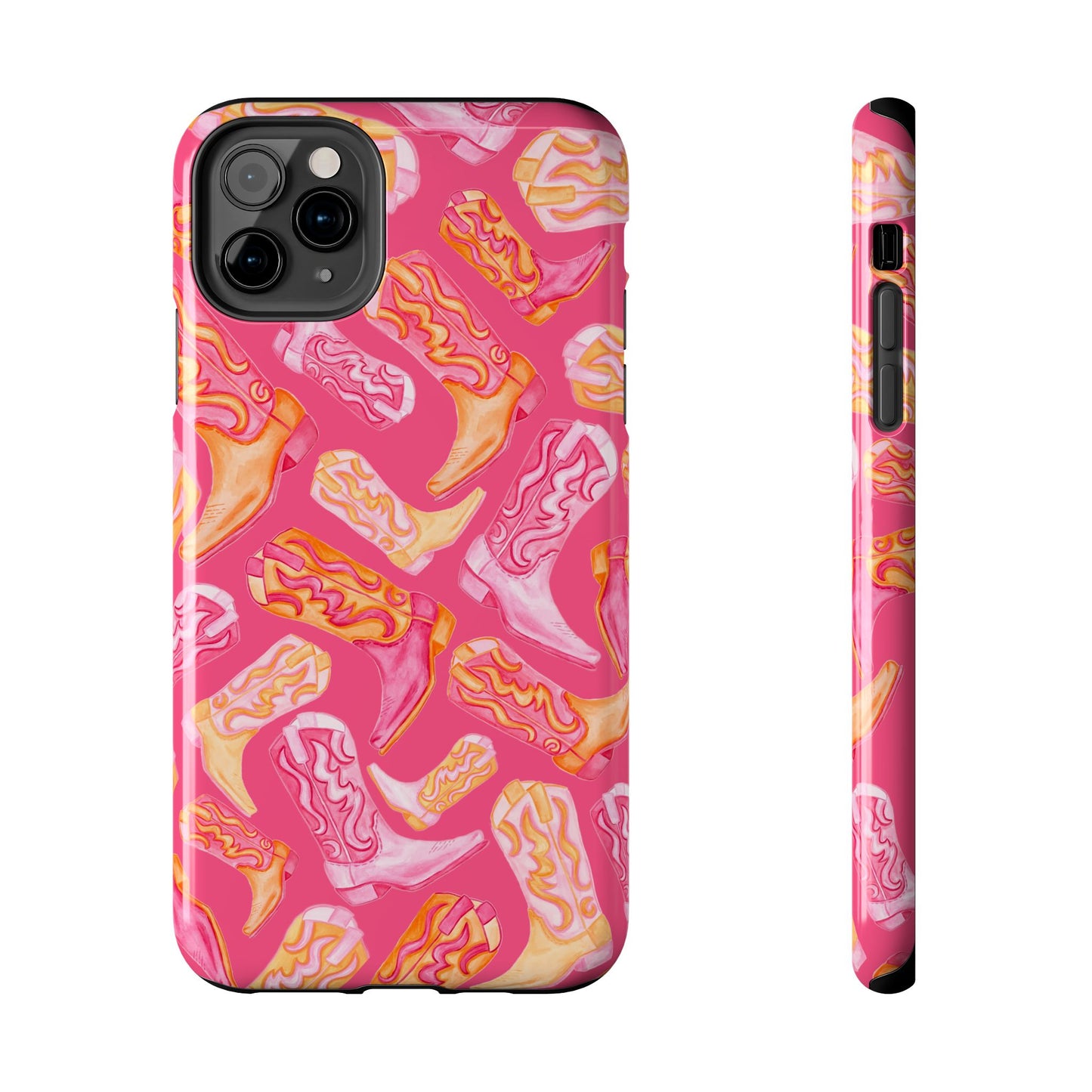 Tossed Hot Pink & Orange Watercolor Cowboy Boots Hot Pink Tough Phone Cases | Various Models iPhone 11 Pro Max