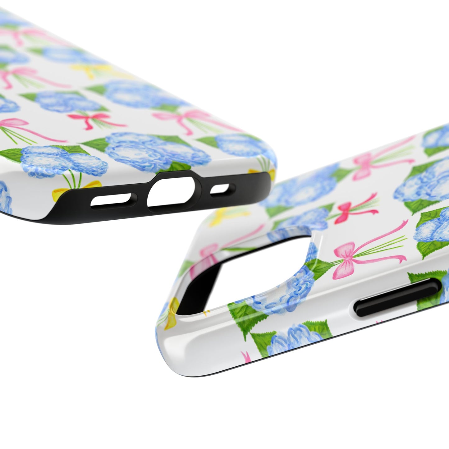 Blue Hydrangeas with Hot Pink, Yellow, Light Pink Bows Watercolor Illustrated Patterned Tough Phone Case | Various Models