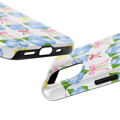 Blue Hydrangeas with Hot Pink, Yellow, Light Pink Bows Watercolor Illustrated Patterned Tough Phone Case | Various Models