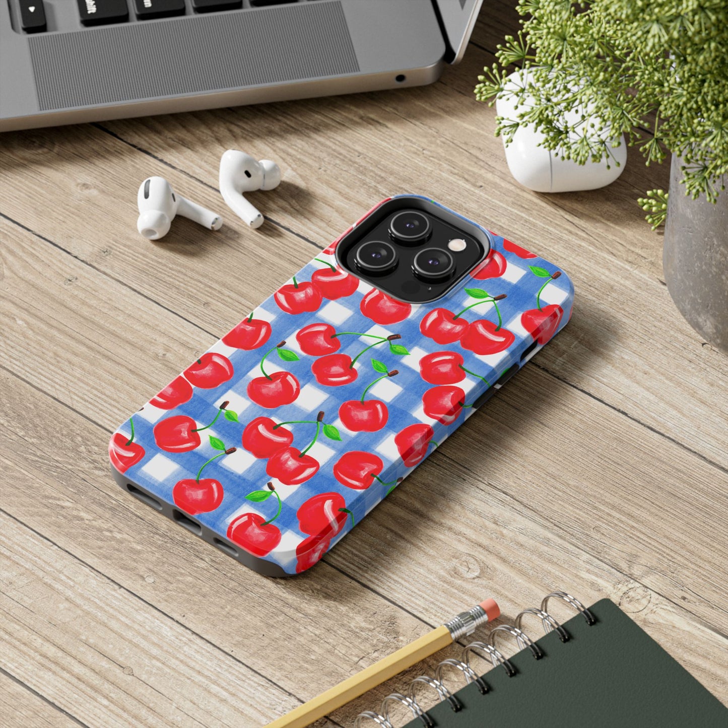 Tossed Red Cherries Blue Gingham Checkered Watercolor Illustrated Tough Phone Case | Various Models
