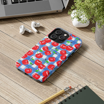 Tossed Red Cherries Blue Gingham Checkered Watercolor Illustrated Tough Phone Case | Various Models