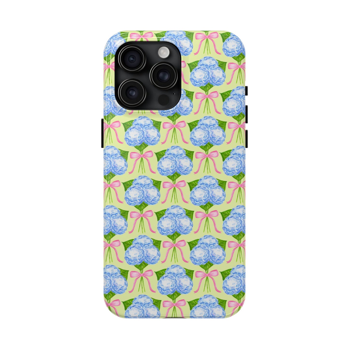 Blue Watercolor Hydrangea Bouquets with Light Pink Bows Watercolor Illustrated Patterned Yellow Tough Phone Case | Various Models