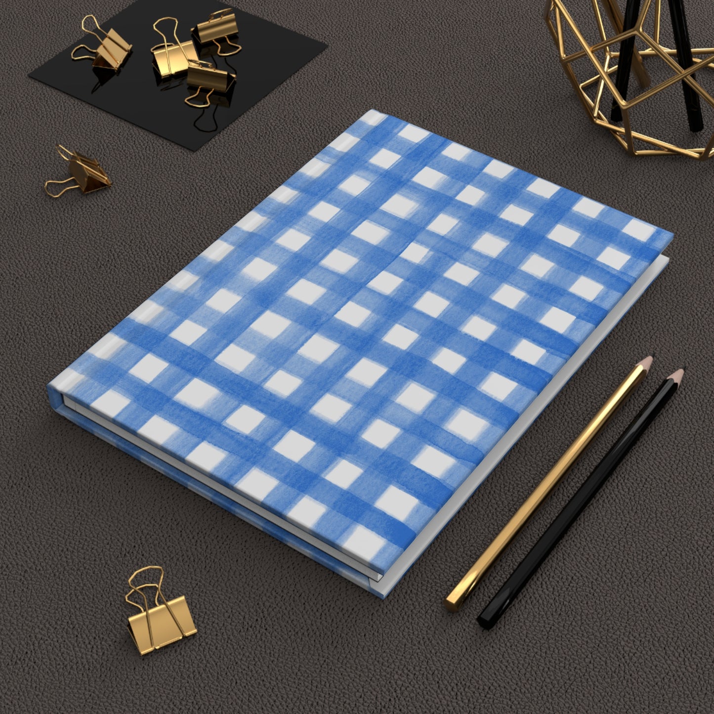 Blue Gingham Watercolor Illustrated Hardcover Lined Journal Matte 8"x5.75"