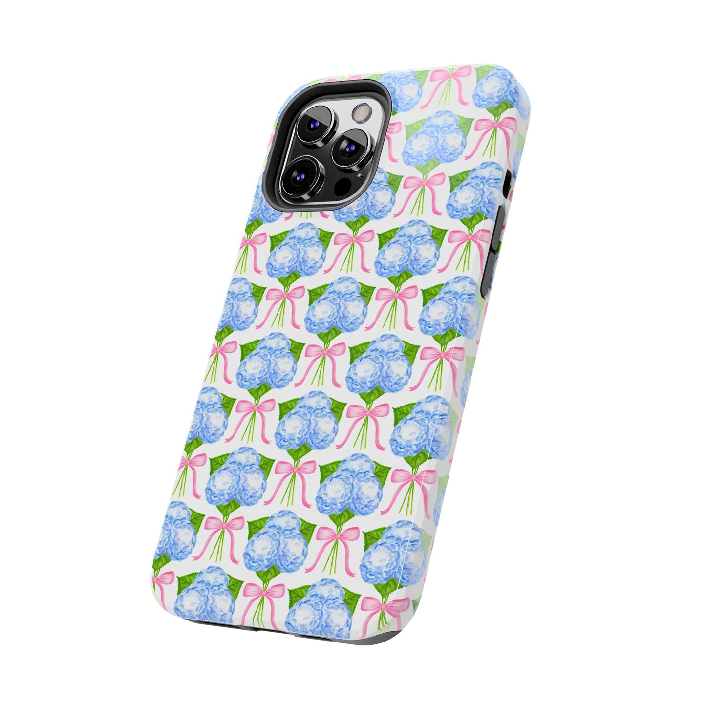 Blue Watercolor Hydrangea Bouqets with Light Pink Bows Watercolor Illustrated Patterned Tough Phone Case | Various Models