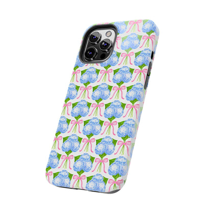 Blue Watercolor Hydrangea Bouqets with Light Pink Bows Watercolor Illustrated Patterned Tough Phone Case | Various Models