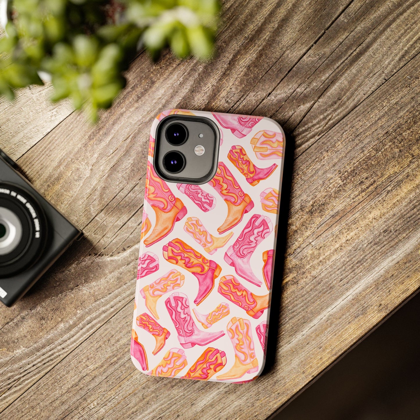 Tossed Hot Pink & Orange Watercolor Cowboy Boots Tough Light Pink Phone Case | Various Models Available