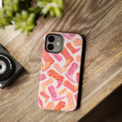 Tossed Hot Pink & Orange Watercolor Cowboy Boots Tough Light Pink Phone Case | Various Models Available