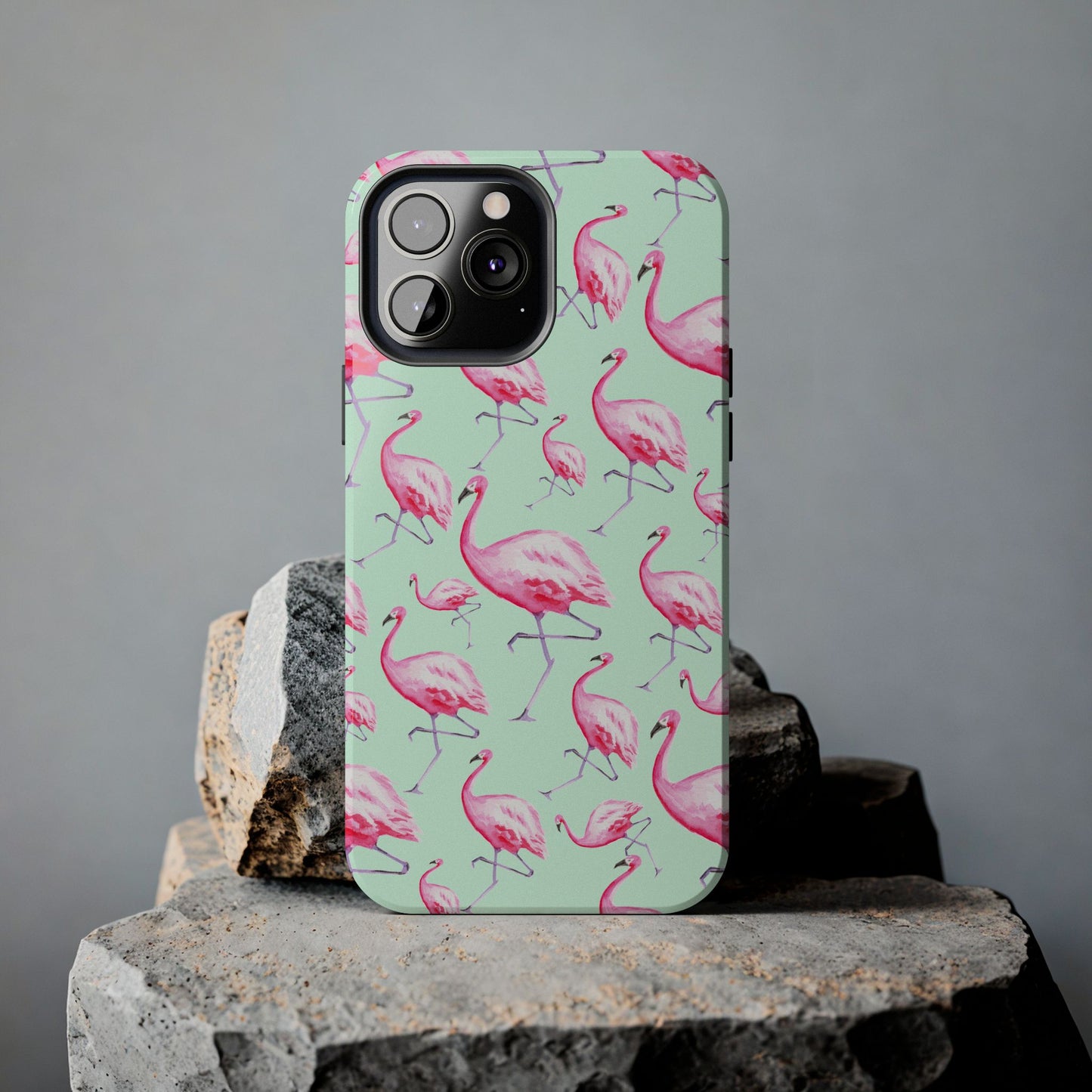 Pink Flamingos Watercolor Illustrated Tossed Pattern Green Phone Case | Various Models