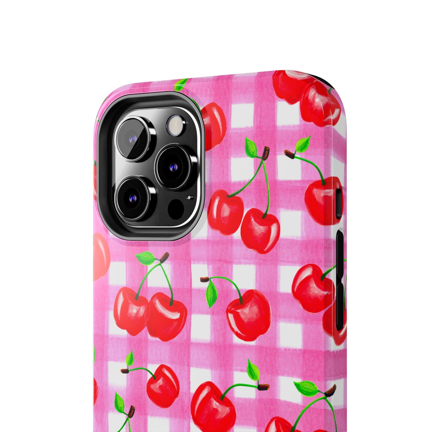 Tossed Red Watercolor Cherries Illustrated Pattern Light Pink Gingham Tough Phone Case | Various Models