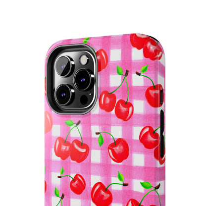 Tossed Red Watercolor Cherries Illustrated Pattern Light Pink Gingham Tough Phone Case | Various Models