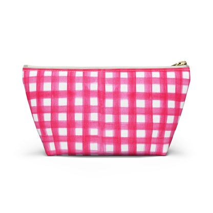 Hot Pink Gingham Watercolor Illustrated Printed Accessory Pouch T-Bottom | Large or Small